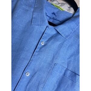 TOMMY BAHAMA Blue 100% Linen Shirt XL Loop Collar Short Sleeve Pocket Hawaiian